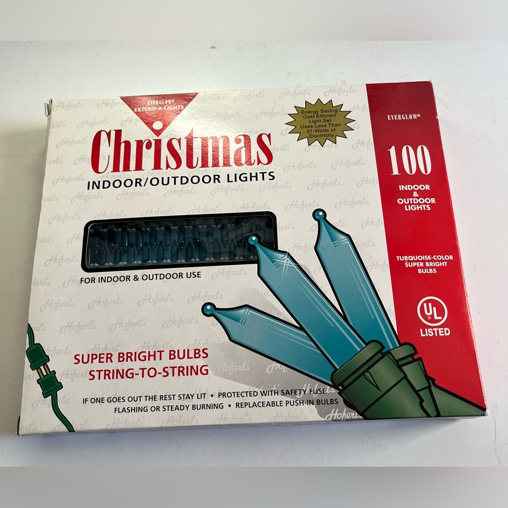 New Vintage box of Everglow Extend-A-Lights Christmas lights Turquoise 100 Party